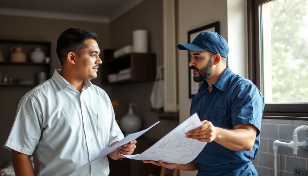 Professional plumber consulting with a client about plumbing needs Professional plumber consulting with a client about plumbing needs